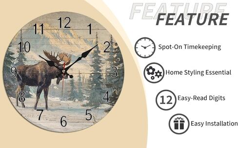 Vintage Moose Mountain Landscape Wall Clock - 10 Inch Silent Non-Ticking Decorative Clock - Rustic Farmhouse Decor for Farmhouse Living Room Bedroom Decor in Saudi Arabia