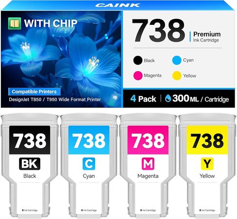 738 خراطيش حبر 300 مل 4 عبوات بديلة عالية الإنتاجية لحبر HP 738 738XL حبر 498N8A 676M6A 676M7A 676M8A متوافق مع طابعات HP DesignJet T850 T950 ذات التنسيق العريض باللون الأسود والأرجواني السماوي والأصفر in Kuwait