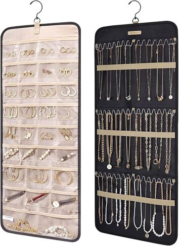 Hanging Jewelry Organizer Storage Roll with Hanger Metal Hooks Double-Sided Jewelry Holder for Earrings, Necklaces, Rings on Closet, Wall, Door 33 * 14IN (Pink) in Kuwait
