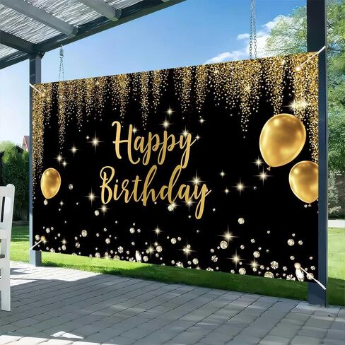 7X5FT Black Gold Happy Birthday Photography Backdrops Diamond Gold Balloon Bokeh Glitter Baby Shower Party Photo Background Indoor Outdoor Decoration Sign Polyester in Kuwait