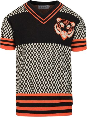 OXKNIT Men's Knit T-Shirt Short Sleeve, 1960s Mod Style Retro Personalisation Tiger Pattern Shirts V-Neck Cotton Tops in Kuwait