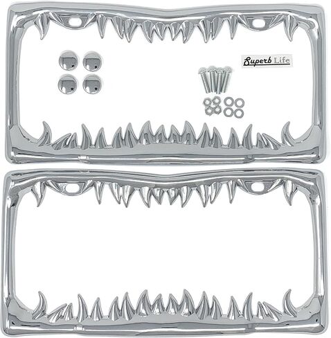 Shark Tooth License Plate Frame with Screws Caps, Set of 2 (Silver) in Kuwait
