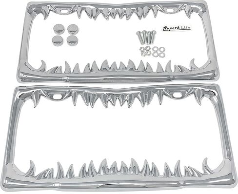 Shark Tooth License Plate Frame with Screws Caps, Set of 2 (Silver) in Kuwait