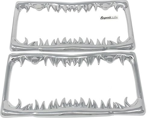 Shark Tooth License Plate Frame with Screws Caps, Set of 2 (Silver) in Kuwait