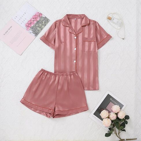 Womens Pajama Set Short Sleeve Button Down Top and Shorts Striped Loungewear Casual Sleepwear for Home Daily Wear in Saudi Arabia