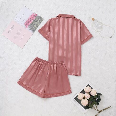 Womens Pajama Set Short Sleeve Button Down Top and Shorts Striped Loungewear Casual Sleepwear for Home Daily Wear in Saudi Arabia