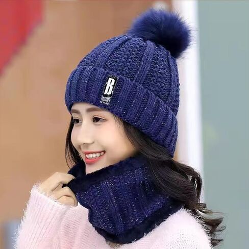 Womens Winter Beanie Hat Scarf Set Warm Knitted Thick Fleece Lined Pompom Skull Cap Neck Warmer in Saudi Arabia
