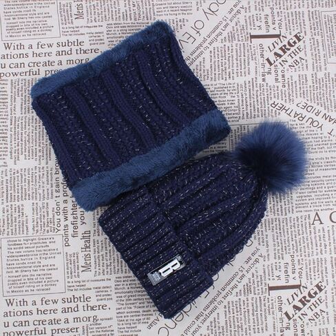 Womens Winter Beanie Hat Scarf Set Warm Knitted Thick Fleece Lined Pompom Skull Cap Neck Warmer in Saudi Arabia