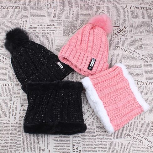 Womens Winter Beanie Hat Scarf Set Warm Knitted Thick Fleece Lined Pompom Skull Cap Neck Warmer in Saudi Arabia