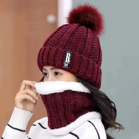 Womens Winter Beanie Hat Scarf Set Warm Knitted Thick Fleece Lined Pompom Skull Cap Neck Warmer in Saudi Arabia