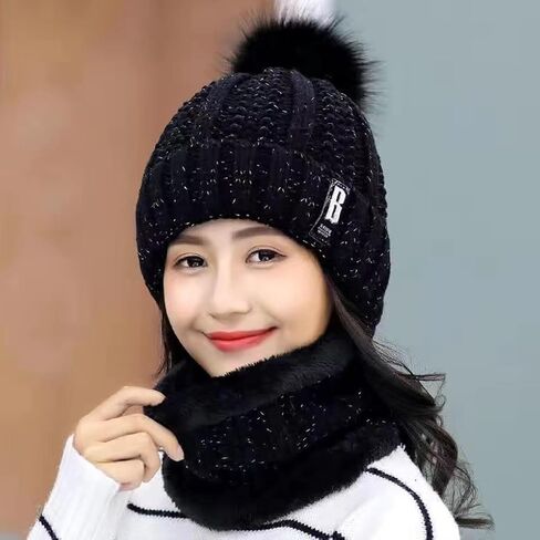 Womens Winter Beanie Hat Scarf Set Warm Knitted Thick Fleece Lined Pompom Skull Cap Neck Warmer in Saudi Arabia