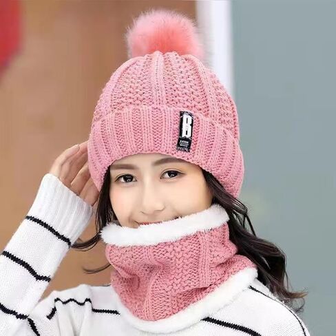 Womens Winter Beanie Hat Scarf Set Warm Knitted Thick Fleece Lined Pompom Skull Cap Neck Warmer in Saudi Arabia