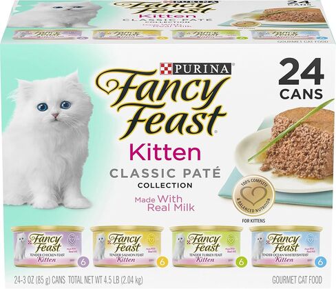 Purina Fancy Feast Tender Ocean Whitefish, Turkey, Chicken and Salmon Feasts Wet Kitten Food Variety Pack - (Pack of 24) 3 oz. Boxes in Kuwait