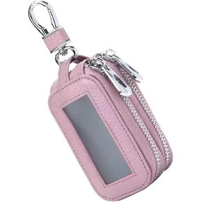 حافظة مفاتيح السيارة، منظم جلدي مزدوج، حافظة مفاتيح نافذة شفافة، حقيبة سلسلة مفاتيح للإغلاق بسحاب (وردي) in Kuwait
