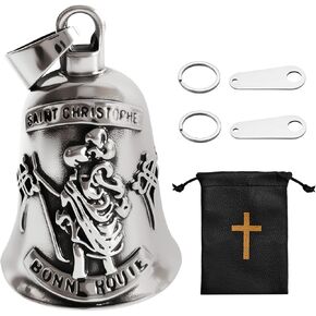 سانت كريستوفر جارديان جرس دراجة نارية، 3D سانت تصميم دراجة نارية جرس جريملين أجراس للحماية، مجموعة هدايا السائق الدينية مع الحقيبة الجلدية، جرس معدني ملهم للراكبين in Kuwait