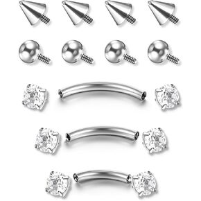 17Pcs Silver Internal Thread Curved Barbell, Eyebrow Piercing Jewelry Surgical Steel, 16G Eyebrow Rings, Clear Zircon Vertical Labret Lip Jewelry, Small Belly Button Ring for Women Men in Kuwait