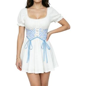 Women Blue and White Gingham Mini Dress Puff Short Sleeve Plaid Daisy Corset Lace Up A Line Skater Dresses in Kuwait