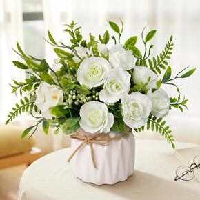 Artificial Silk Roses in Vase – Realistic Fake Flower Bouquet for Home Decor, Wedding,Dining Table, Bathroom,Kitchen,Coffee Table,Bedroom & Office (White) in Kuwait