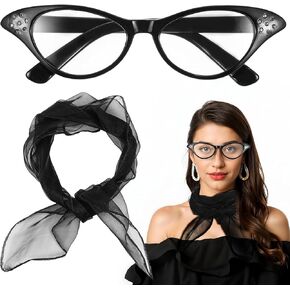 إكسسوارات الخمسينيات للنساء في الخمسينيات من القرن العشرين وشاح رقبة شيفون عتيق من حجر الراين نظارات عين القطة للزي للحفلات التنكرية، وإكسسوارات الهبي، وأزياء الهالوين (أسود) in Kuwait