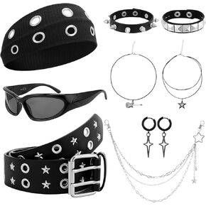 JATEBI 8 Pcs Gothic Punk Rock Accessories for Women, Y2K Accessories Set Black Studded Belt Bracelets Grommet Headband Punk Star Pants Chain Necklaces Earrings Sunglasses for Women in Kuwait