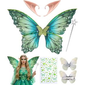 Fairy Wings Set Adult - 6 Pcs Elf Ears Butterfly Wings Butterfly Makeup Temporary Tattoos Hair Clips Star Wand in Kuwait