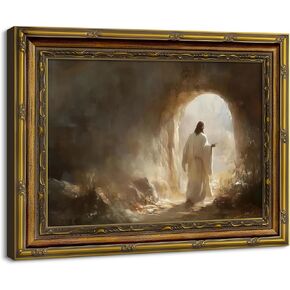 Vintage Framed Jesus Resurrection Wall Art Christian Empty Tomb Canvas Print Jesus Rolls Away Stone pictures Leaves the Tomb Posters Easter Painting Ornate Gold Frame Religious Wall Decor 9x11in in Saudi Arabia