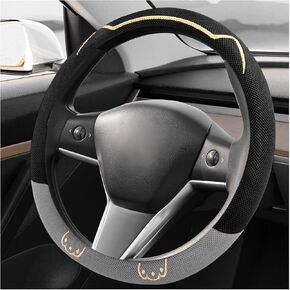 غطاء عجلة القيادة، واقي عجلة القيادة مريح للقطط مقاس 15 بوصة مع بطانة مضادة للانزلاق، غطاء عجلة من الحرير الجليدي الناعم المسامي ديكور داخلي تلقائي للنساء والرجال (أسود ورمادي) in Kuwait