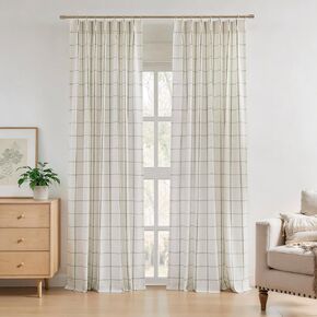 Central Park Sage Green Plaid Pinch Pleated Semi Sheer Curtain 95 Inch Linen Blended Checkered Window Treatment Drape for Modern Living Room Bedroom with Back Tabs Hooks, 40" Wx95 L, 2 Panels in Kuwait