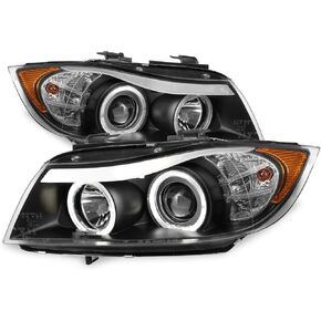AKKON - For 06-08 BMW E90 3-Series 4 Doors Sedan Black Bezel Halogen Type [LED Halo] Ring Eye Lid Projector Headlights in Kuwait