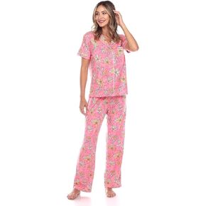 white mark Women's Tropical Short Sleeve Button Up Top with Matching Long Pant Pajama Set in Kuwait