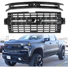 شبكة المصد الأمامي مع شريط تقليم زخرفي متوافق مع 2019 2020 2021 تشيفي شيفروليه سيلفرادو 1500 بيك اب شبكة أمامية من الكروم مع مجموعة حواف سوداء in Kuwait