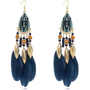 Bohemian Long Feather Dangle Drop Earrings for Women Boho Handmade Vintage Punk Tassel Natural Dangle Drop Earrings Design Jewelry Gift in Kuwait