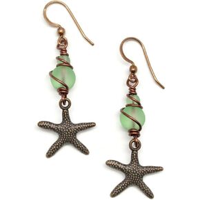 Pillar of Salt Studio Handcrafted Earrings Antiqued Copper Starfish with Sea Glass (Spring Green, 1-1/2" drop) in Kuwait