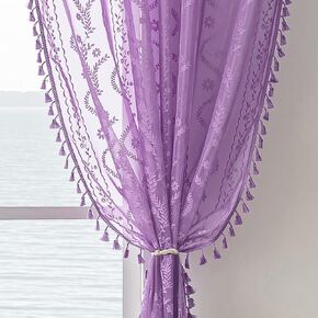 Lavender Purple Sheer Curtains 2 Panel 84 Inch Length,Rod Pocket Boho Floral Lace Pattern & Tassel Decorative Light Filtering Privacy for Girl Women Bedroom Dining Living Room,Lilac in Kuwait
