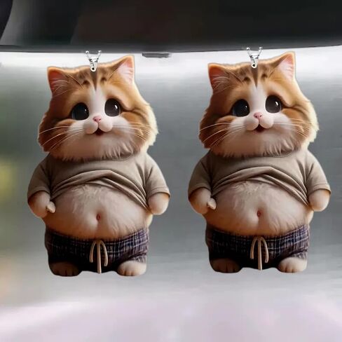 2Pcs Cute Cartoon Chubby Dog Cat Mascot Keychain, 2D Flat Acrylic Pendant Cat Hanging Ornament for Car, Car Rearview Mirror Interior Accessories Decor Present for Window (Style2, 8cm) in Saudi Arabia