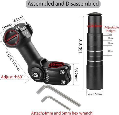 Bike Stem Riser,Adjustable MTB Stem,28.6mm Bike Fork Aluminum Adjustable 150mm,Bike Stem 31.8mm,Adjustable 120 Degree 120mm,Suitable for Mountain Bike, Road Bike, MTB, BMX in Kuwait