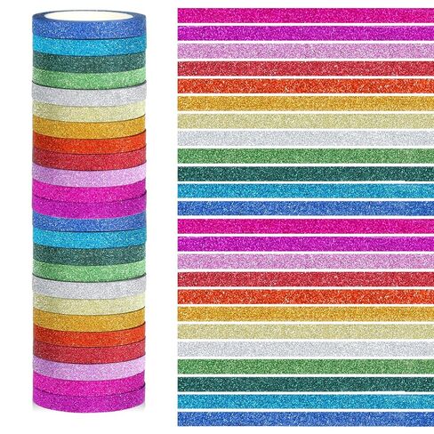 24 Rolls Glitter Washi Tape, 5mm Thin Colored Masking Tape Set Washi Tapes Set Metallic Foil Sparkly Decorative Craft Tapes, Metallic Foil Glitter Decorative Crafttape for Journal DIY Crafts Book in Kuwait