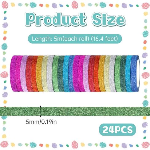 24 Rolls Glitter Washi Tape, 5mm Thin Colored Masking Tape Set Washi Tapes Set Metallic Foil Sparkly Decorative Craft Tapes, Metallic Foil Glitter Decorative Crafttape for Journal DIY Crafts Book in Kuwait