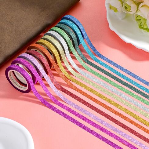 24 Rolls Glitter Washi Tape, 5mm Thin Colored Masking Tape Set Washi Tapes Set Metallic Foil Sparkly Decorative Craft Tapes, Metallic Foil Glitter Decorative Crafttape for Journal DIY Crafts Book in Kuwait