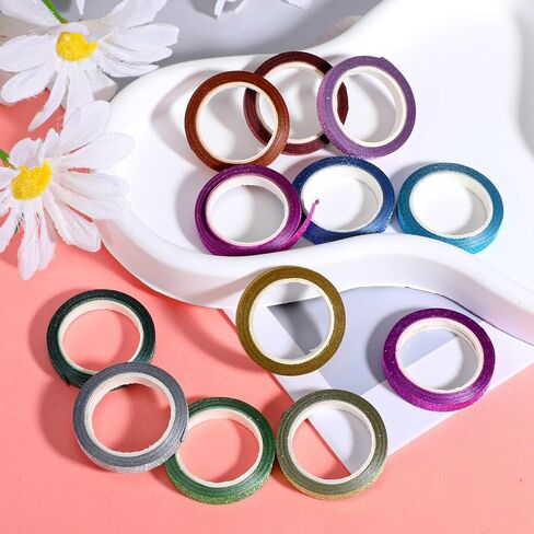 24 Rolls Glitter Washi Tape, 5mm Thin Colored Masking Tape Set Washi Tapes Set Metallic Foil Sparkly Decorative Craft Tapes, Metallic Foil Glitter Decorative Crafttape for Journal DIY Crafts Book in Kuwait