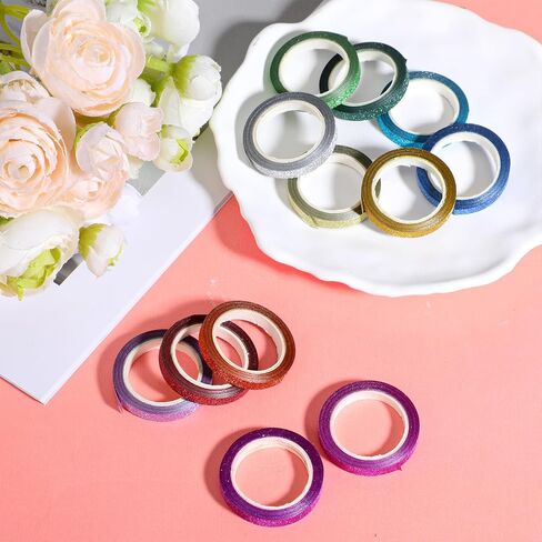 24 Rolls Glitter Washi Tape, 5mm Thin Colored Masking Tape Set Washi Tapes Set Metallic Foil Sparkly Decorative Craft Tapes, Metallic Foil Glitter Decorative Crafttape for Journal DIY Crafts Book in Kuwait