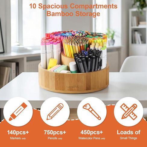 منظم مكتب من الخيزران الدوار، علبة صامتة تدور بزاوية 360 درجة، علبة مستلزمات فنية مكونة من 10 أقسام تحمل أكثر من 140 علامة، وأكثر من 750 قلم رصاص للمكتب المنزلي، والفصول الدراسية، وهدية عيد ميلاد، مقاس كبير 25.4 سم in Kuwait