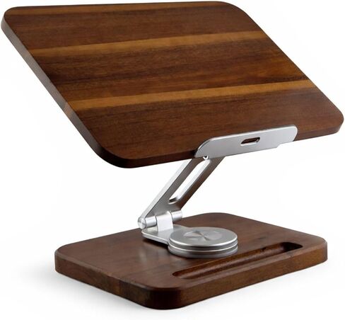 Birchline Wooden Laptop & Book Stand for Desk – 360° Rotating Walnut Base, Adjustable Ergonomic Riser Reduces Neck & Shoulder Strain, 17 cm Pencil Groove & Clips for 10–17.3″ Laptops, Tablets, Books in Saudi Arabia