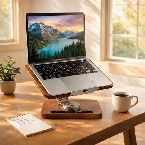 Birchline Wooden Laptop & Book Stand for Desk – 360° Rotating Walnut Base, Adjustable Ergonomic Riser Reduces Neck & Shoulder Strain, 17 cm Pencil Groove & Clips for 10–17.3″ Laptops, Tablets, Books in Saudi Arabia