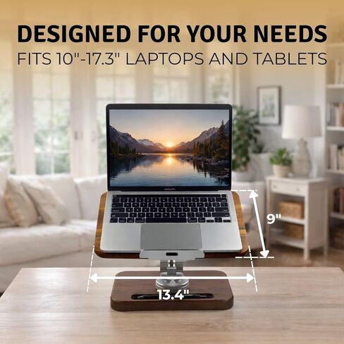 Birchline Wooden Laptop & Book Stand for Desk – 360° Rotating Walnut Base, Adjustable Ergonomic Riser Reduces Neck & Shoulder Strain, 17 cm Pencil Groove & Clips for 10–17.3″ Laptops, Tablets, Books in Saudi Arabia