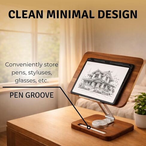 Birchline Wooden Laptop & Book Stand for Desk – 360° Rotating Walnut Base, Adjustable Ergonomic Riser Reduces Neck & Shoulder Strain, 17 cm Pencil Groove & Clips for 10–17.3″ Laptops, Tablets, Books in Saudi Arabia