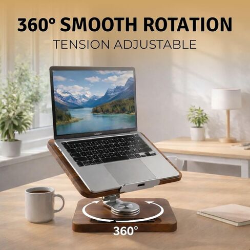 Birchline Wooden Laptop & Book Stand for Desk – 360° Rotating Walnut Base, Adjustable Ergonomic Riser Reduces Neck & Shoulder Strain, 17 cm Pencil Groove & Clips for 10–17.3″ Laptops, Tablets, Books in Saudi Arabia