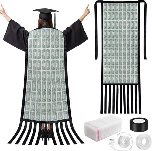 2026 Graduation Cash Gift DIY Money Cape Kit with Paper Money Holders Black Satin Ribbon Tape Dispenser Clear Tape Supplies for Graduation Wedding Birthday Events in Kuwait