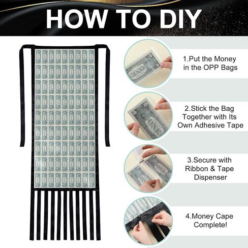 2026 Graduation Cash Gift DIY Money Cape Kit with Paper Money Holders Black Satin Ribbon Tape Dispenser Clear Tape Supplies for Graduation Wedding Birthday Events in Kuwait