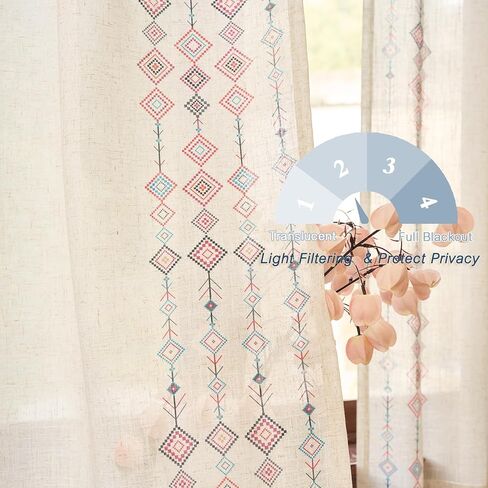 ستائر MEETSKY Boho لغرفة النوم وغرفة المعيشة بطول 84 بوصة من مزيج الكتان المنقوش المطبوع لتصفية الضوء ستائر بوهيمية غربية للمزرعة الريفية وعلامة التبويب الخلفية، لوحتان، بعرض 50 بوصة in Kuwait